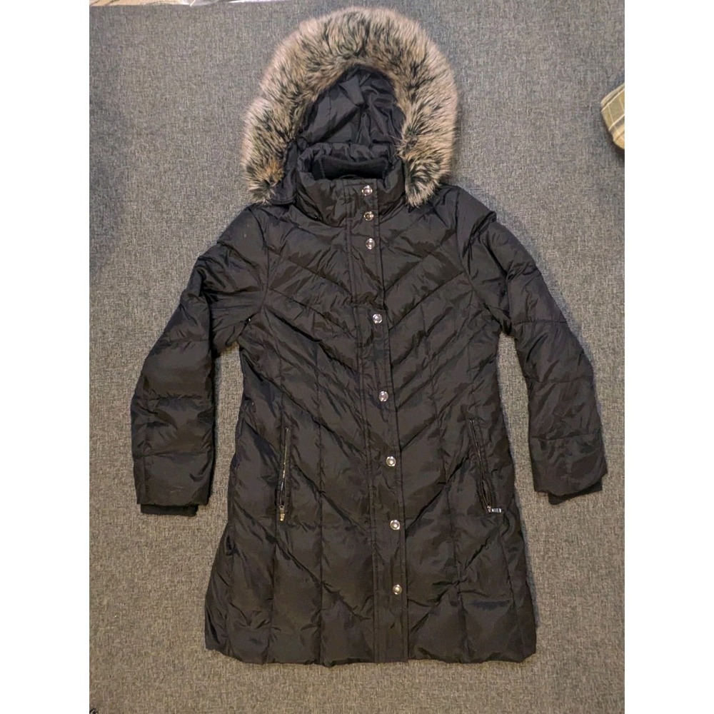 London Fog Puffer Goose Down Jacket Faux Fur Hood Black‎ Coat Women's Medium